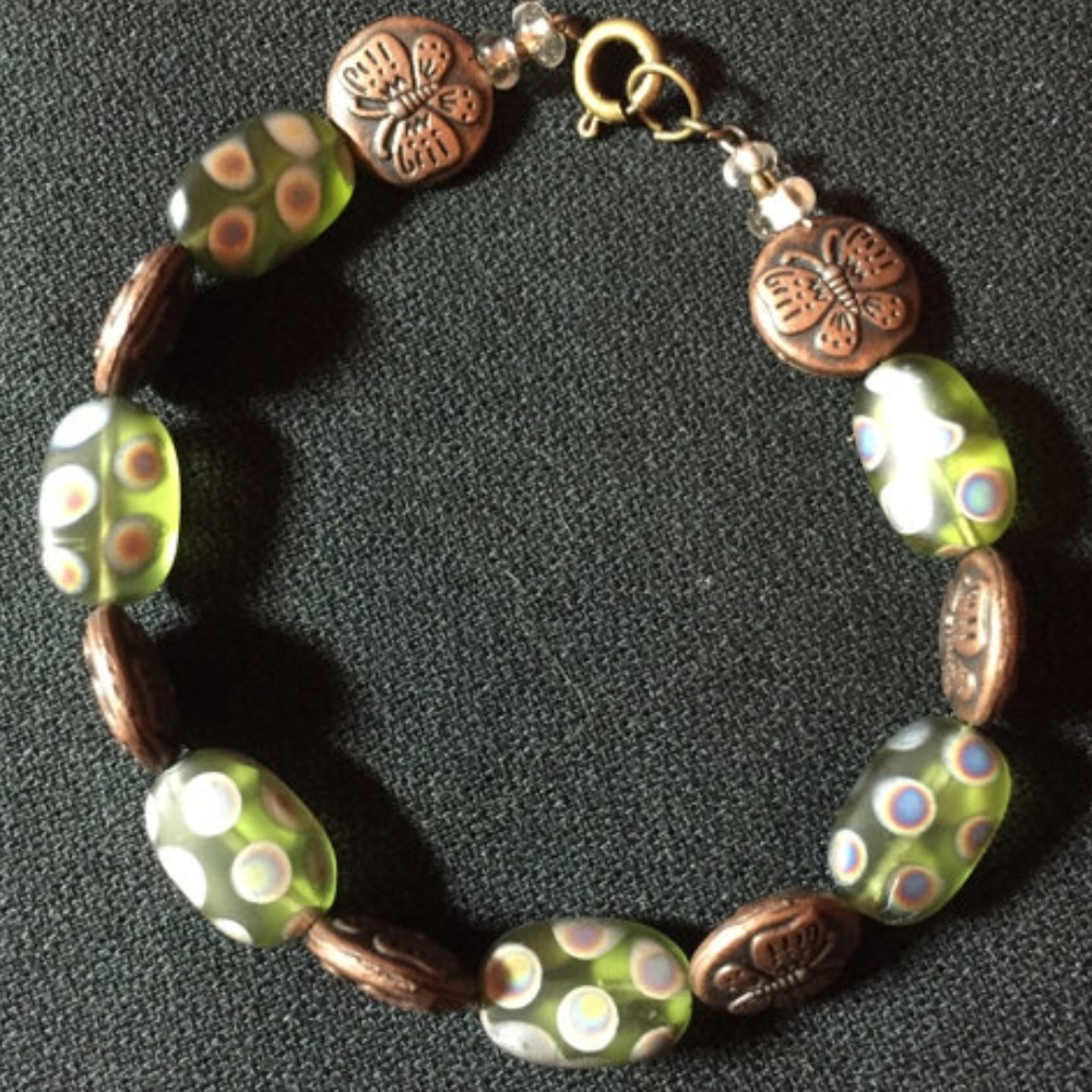 Butterflies and Green Glass Handmade Bracelet